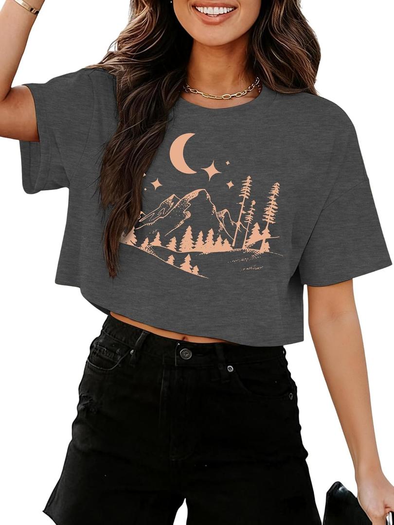 Binshre Womens Short Sleeve Crops Tops Summer Graphic Tees Crew Neck Cropped T Shirts Casual Loose Fit Blouse (S)