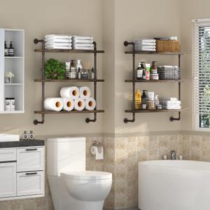 Industrial Pipe Shelf Wall Mounted, Rustic Wood Floating Shelves, 3 Tier Wall Display Bookshelf, Storage Rack Sundries Holder for Kitchen Office Bathroom Organization and Home Decor (24inch x 2) pack of 2