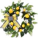 20 inch Spring Summer Wreath, Lemon Wreath for Front Door with Daisy, Bow, Eucalyptus Leaves, White Berries for Indoor Outdoor Wall Festival Home Farmhouse Wedding Decor (Yellow)