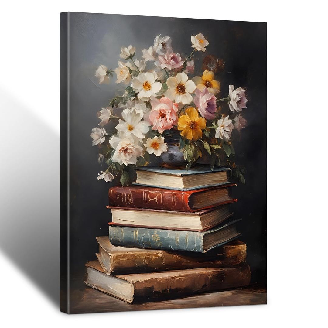 Moody Flower Books Canvas Wall Art, Framed Wall Art Vintage Floral Books Still Life Pictures Rustic Antique Prints Dark Academia Floral Artwork for Bedroom Living Room Decor (16x24inch)