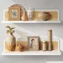 Rattan Wall Shelf 24inch Set of 2, Handmade White Floating Shelves Boho Wall Decor, Rustic Wood Wall Mounted Storage Shelves for Living Room Nursery Bedroom