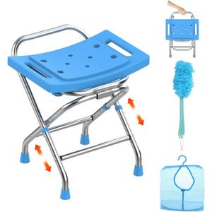 Height Adjustable Folding Shower Chair Seat, Stainless Steel Shower Chair for Inside Shower w/Crossbar, 420LB Portable Travel Shower Stool, Safety Anti-slip Bath Chair for Seniors, Adults,Blue