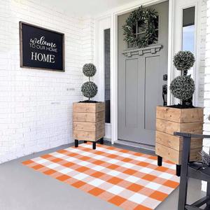 MUBIN Cotton Orange and White Plaid Rug, 3' x 5' Fall Outdoor Front Door Decorative Mat, Hand-Woven Rug for Layered Door Mats Washable Carpet for Porch, Entryway, Farmhouse, Autumn, Halloween
