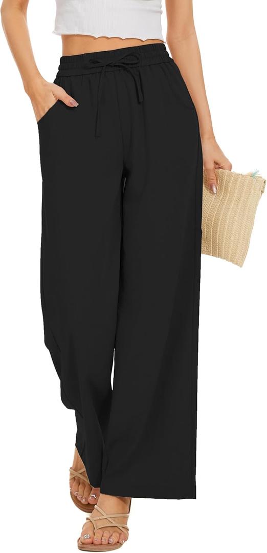 Women Flowy Pants Drawstring Waist Wide Leg Palazzo Beach Pants Loose Fit with Pockets (Medium Short, Black)
