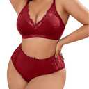 SOLY HUX Women's Plus Size Sheer Lace Lingerie Wireless Bra and Panty 2 Piece Underwear Set Pure, Red X-Large Plus