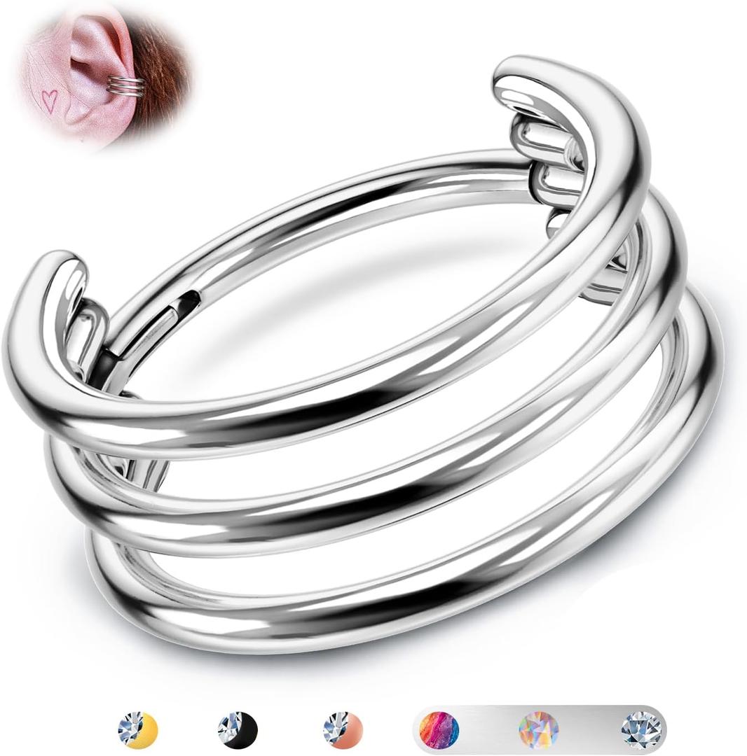 BodyBonita G23 Titanium Cartilage Earring Hoop Stacked Clicker 16G CZ Double/Triple Septum Rings Conch Piercing Jewelry Tragus Daith Helix Nose Rings Hoops for Women Silver/Gold Plated 8mm