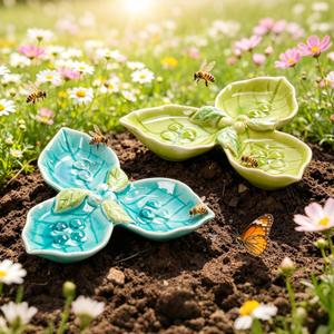2 Pack Bee Watering Station, Ceramic Bee Feeder, Flower Design Butterfly Bath Bowl Drinking Cups for Pollinators Small Bird Outdoor Garden Yard Patio