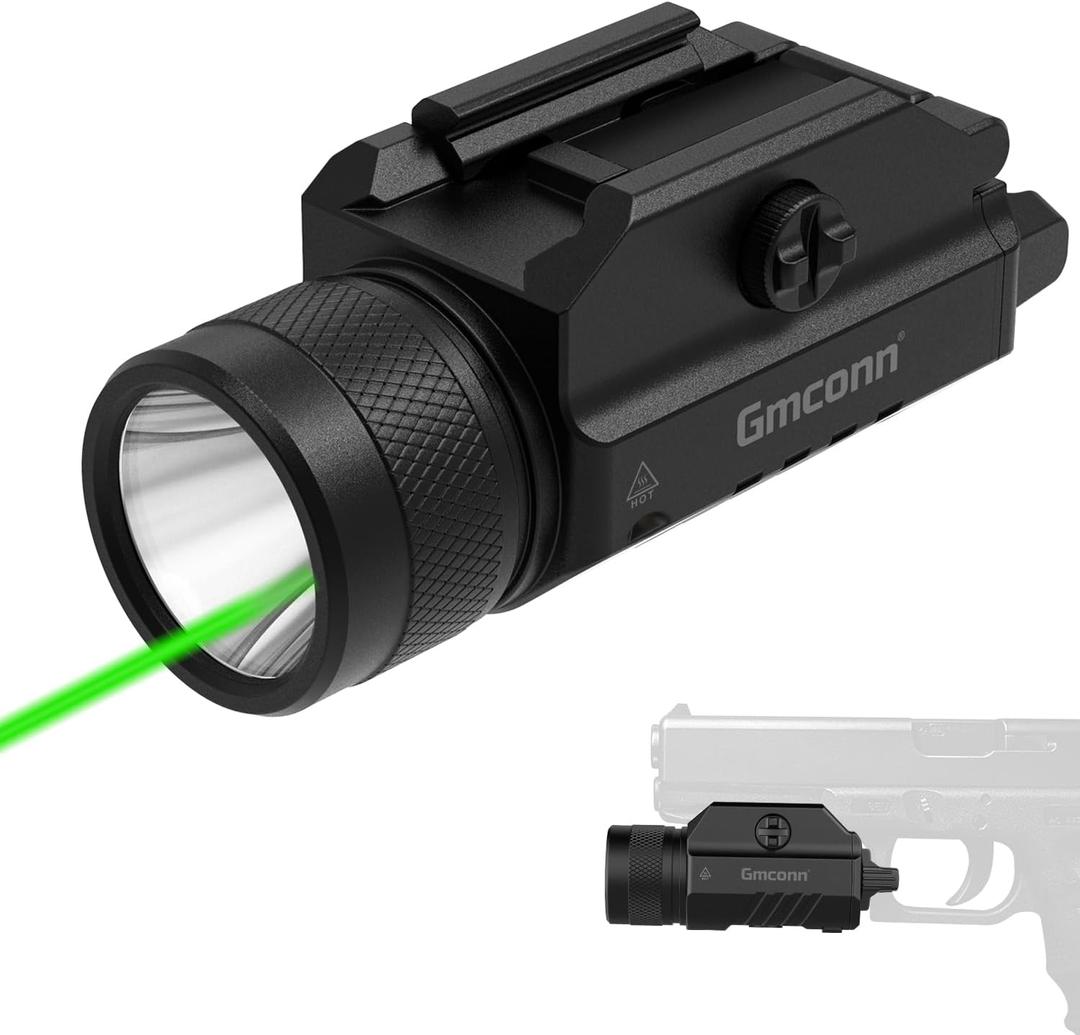 Gmconn 1250 Lumen Tactical Flashlight Green Laser Light Combo, Rechargeable Pistol Light with Strobe/Momentary Compatible with Picatinny