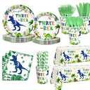 AIBIIN 194pcs Three Rex Birthday Decorations for Boy 3rd Birthday Party Plates, Cup, Napkin, Tablecloth, Tableware, Dinosaur 3 year old Birthday Party Supplies Plates Serve 24 Guests