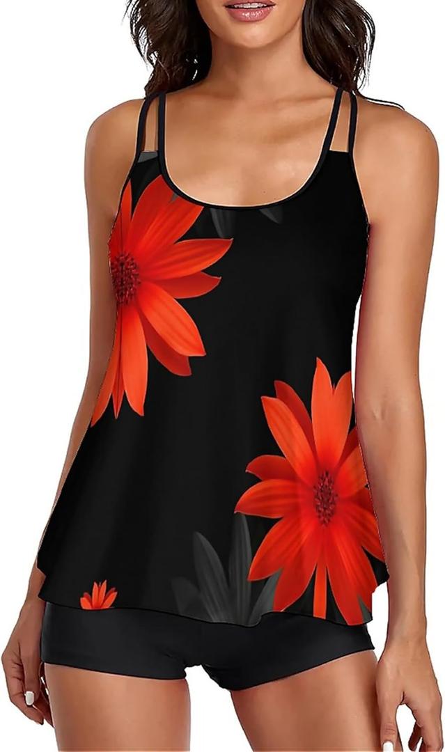 Urchics 2026 Women Two Piece Tankini Swimsuit Tummy Control Plus Size Long Torso Top and High Waisted Boyshorts Bathing Suits (XX-Large, Black Orange Sunflower)