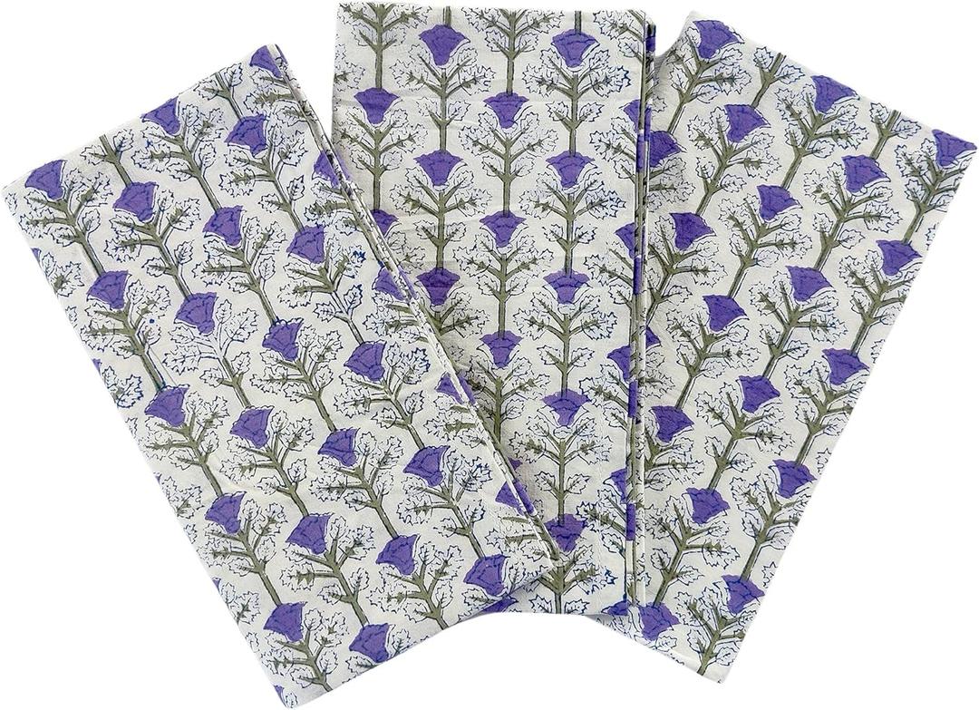 AVKA Studio 100% Cotton Decorative Kitchen Towels- Set of 3 Dishcloths- 19 x 27 inches- Purple White Floral Kitchen Towel- Absorbant Dish Towels for Dryng Dishes- Indian Block Print Cute Tea Towels