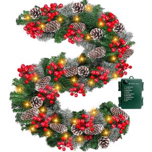 Timer 8 Mode - 9Ft by 10 Inch Prelit Christmas Garland with 50 Warm Lights,Thick 270 Snowy Tips 70 Red Berry 10 Pinecone Battery Operated Real Touch Cedar Xmas Garland Door Mantle Indoor Outdoor