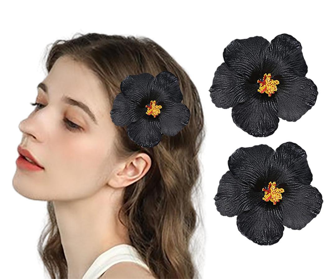 Women's Hawaiian Flower Hair Clips Plumeria Hibiscus Hair Clips 3.5 Inch Artificial Flower Hair Barrettes Hair Accessories for Vacation Beach Party (Black)