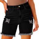 Luvamia Jean Shorts for Women High Waisted Trendy Casual Distressed Stretchy Denim Long Shorts Ripped Raw Hem Shorts (X-Large, Washed Black)