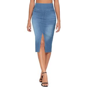 THE GYM PEOPLE Women's High Waisted Stretchy Jean Skirts Front Slit Midi Denim Skirt with Pockets (X-Large)