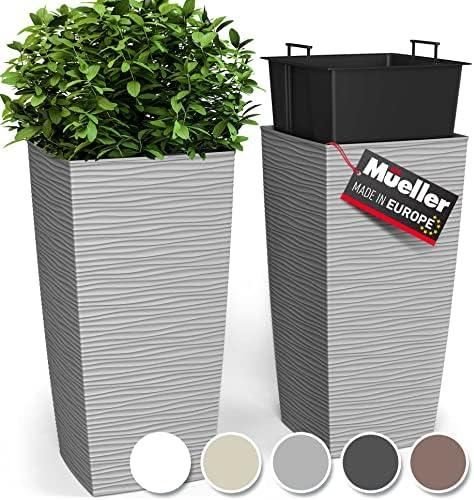 Mueller M-Resin Heavy Duty Tall Planters for Outdoor Plants, Indoor Grande Plant Pots, Boxes, Trees, Flower Pots, 2-Piece Set, 18”, Modern Design, Built-in Drainage, Front Porch Decor, Light Grey
