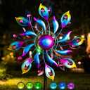 52'' Solar Wind Spinner Outdoor Metal - Kinetic Garden Wind Sculptures with Multi-Color Changing LED Glass Ball, Peacock Tail Design Yard Art Stake Decor for Patio, Lawn, Pathway Decoration