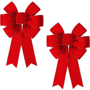 SIMISI RIBBON 2 Packs Red Christmas Bows Decorations Big Velvet Bow with Wired Gold Border for Tree Topper, Wreaths, Outdoor, Garland, Outside (16 * 24 inch)