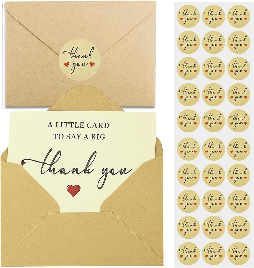 25-Pack 350g Thank You Cards Bulk & Envelopes with 30 Stickers, 7.87x5.5 Inches, Minimalist for Business, Baby Shower/Wedding/Teacher/Graduation/Holiday/Sympathy Thank You Card for Christmas Gifts