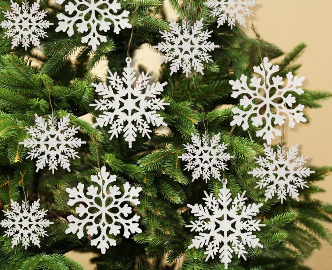 Christmas Decorations 36Pcs White Snowflake Ornaments Christmas Tree Decorations Snow Flake Ornament Indoor Plastic Glitter Snowflake Ornaments for Xmas Trees Winter Wonderland Decor
