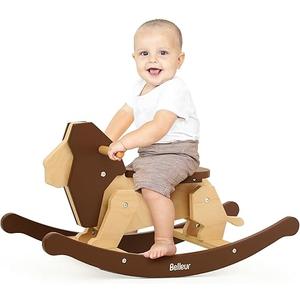 Belleur Wooden Rocking Horse for Toddler 1-3 Year Old, Baby Wood Ride-on Toys with Removable Fence for Indoor & Outdoor Activities, Boys & Girls Rocking Animal for Birthday