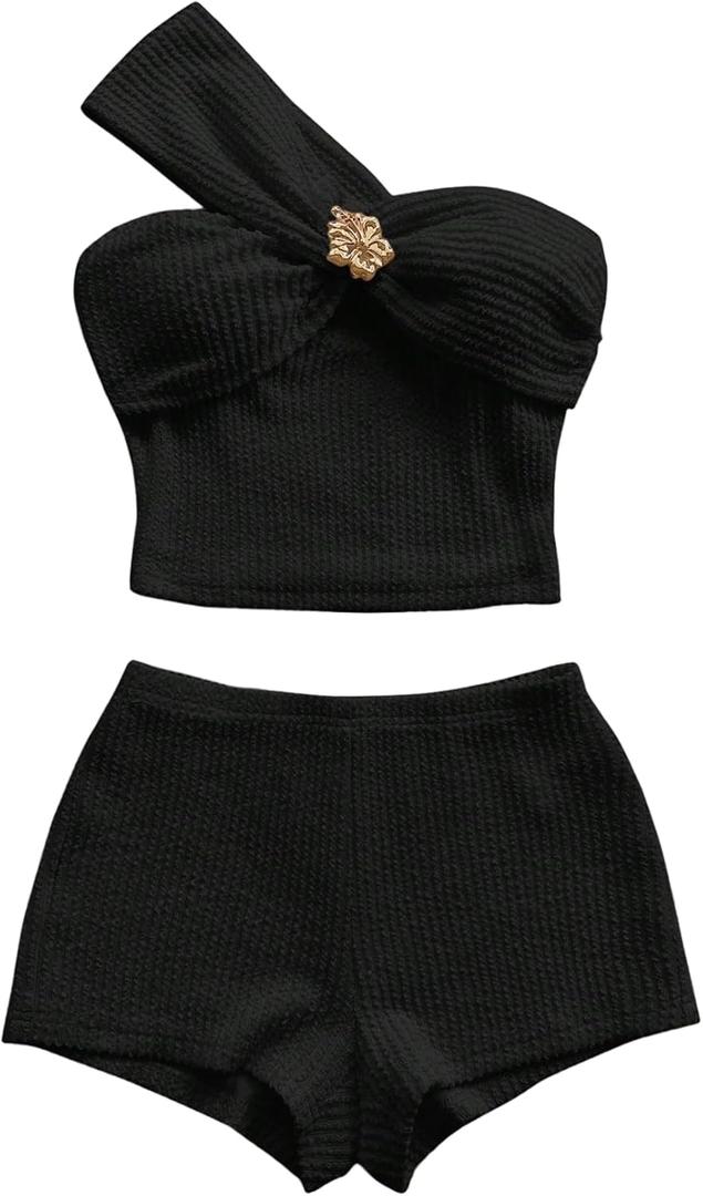 Verdusa Women's 2 Piece Vacation Outfits Textured One Shoulder Crop Tops with Micro Shorts Summer Y2k Clothing Set (Medium, Black)
