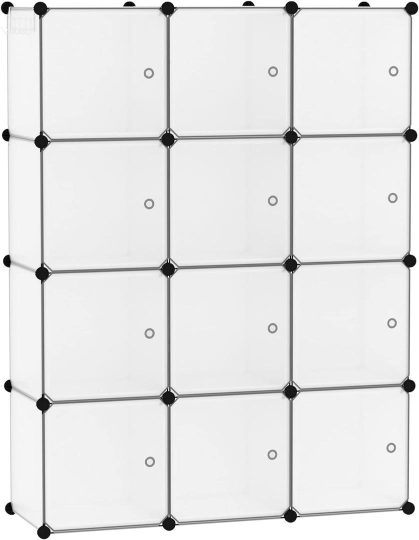 C&AHOME Cube Storage Organizer with Doors, 12-Cube Shelves, Closet Cabinet, DIY Plastic Modular Bookshelf Ideal for Bedroom, Living Room, 36.6L x 12.4W x 48.4H Transparent White USHS3012W-DOOR