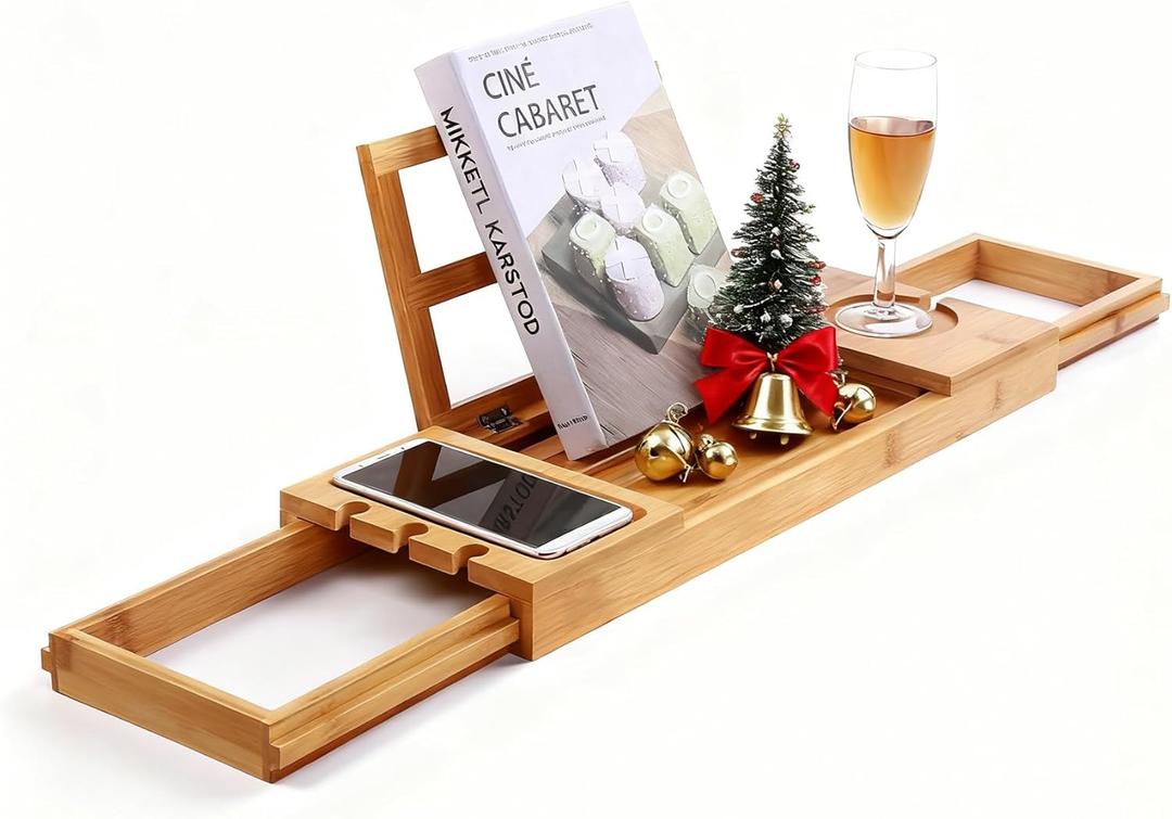 Utoplike Bamboo Bathtub Caddy Tray Bath Tray for Tub, Adjustable Bathroom Bathtub Organizer with Book Tablet Wine Glass Cup Towel Holder (19.8-33.5 in)