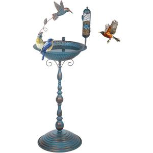 DREAMSOUL 40" Tall Pedestal Bird Bath for Outside, Metal Bird Bath and Feeder Combo Blue Birdbath for Garden Patio Decor