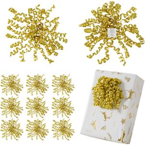 12 PCs Gold Bows for Gift Wrapping 5 Inch Self Adhesive Curly Ribbon Bow for Party Favor, Gift Wrap Accessory, Metallic Christmas Bows, Premade Bows for Presents, Wine Bottles, Baskets