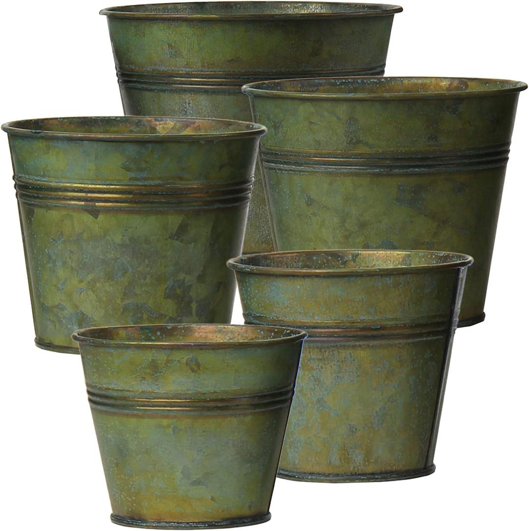 Briful 5 Size Galvanized Planters for Plants Rustic Farmhouse Metal Galvanized Flower Buckets, Vintage Garden Pots, Home Indoor Outdoor Decor Tin Planter, 3.7In/3.9 in/5.1In/5.9In/7.1In, Bronze