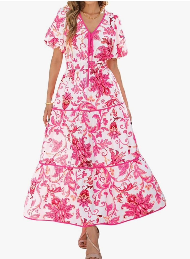 PRETTYGARDEN Women Summer Boho Maxi Dresses 2025 V Neck Puff Short Sleeve A-Line Flowy Tiered Floral Wedding Guest Dress large, White Rose Red Flower