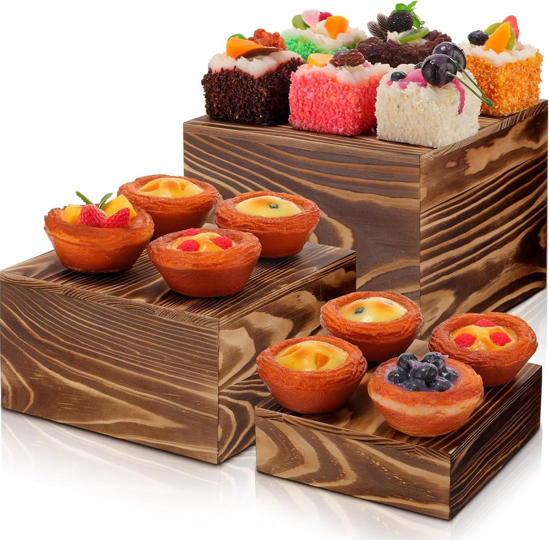 Barydat 3 Pcs Vintage Brown Wood Cake Stand Rustic Wooden Display Risers for Party Display Square Stackable Display Box for Dessert Appetizer Storage Organizer Engagement Reception Wedding Party