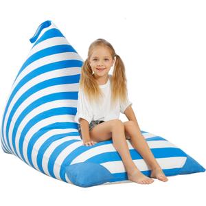 Aubliss Stuffed Animal Storage Bean Bag Chairs Cover, 50"x 35" Extra Large Bean Bags Chair for Kids & Adults, Beanbag Toy Storage for Boys Girls - Premium Cotton Canvas Blue Stripe