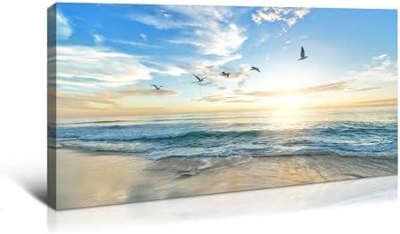 Dimpoli Beach Ocean Canvas Wall Art, Ocean Seagull Birds Blue Natural Scene Artwork Decorations for Home Living Room Decor 48x24 Inches