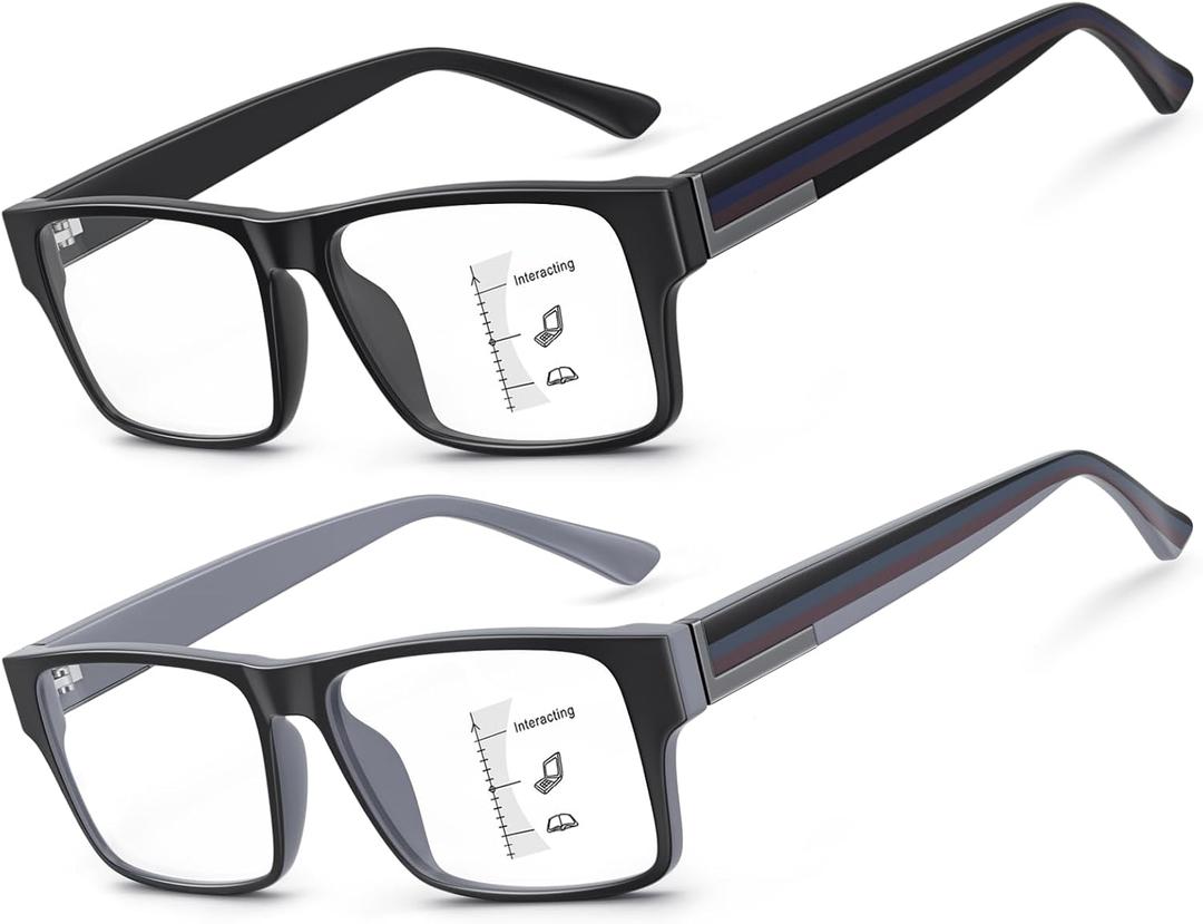 SKYOAK Excellent TR90 Unbreakable Progressive Multifocus Reading Glasses for Men, Thick Frame Anti Blue Light/UV Readers, 2 PACK Quality Chunky Computer Glass No-Line Multifocal Eyeglasses C1, +1.25x