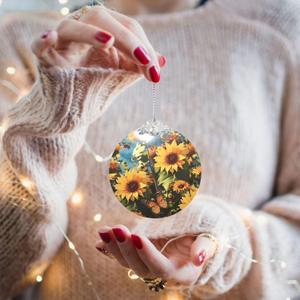 2025 Christmas Ornaments Round Stained Glass Christmas Hanging Ornament with Gold Rope Sunflowers and Butterflies Christmas Pendant Christmas Tree Decorations for Xmas Family Party Holiday (One Size, Silver)