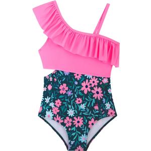 Alakuoti Girls One Piece Swimsuits Cutout Ruffle Bathing Suit Quick Dry Beach Swimwear with Adjustable Strap 14Years (Pink)