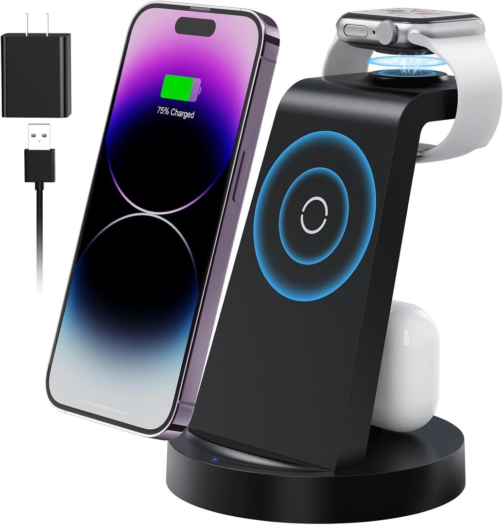 3 in 1 Charging Station for Apple Device, Wireless Charger for iPhone 16e 16 15 14 13 12 11 Pro Max & Apple Watch iwatch- Charging Stand Dock for AirPods (Black)