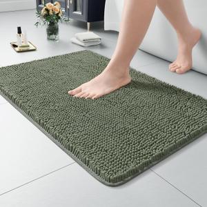 LOCHAS Luxury Bathroom Rug Shaggy Bath Mat 20 x 30 Inch, Washable Non Slip Bath Rugs for Bathroom Shower, Soft Plush Chenille Absorbent Carpets Mats, Sage Green