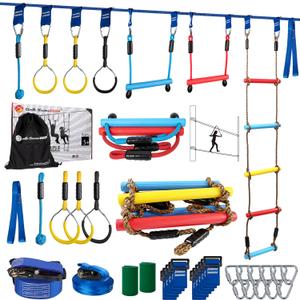 Ninja Warrior Obstacle Course for Kids, 256ft Slackline Kit with 8 Ninja Accessories - Monkey Bar, Rope Ladder, Gymnastic Ring, Arm Trainer and Monkey Fist