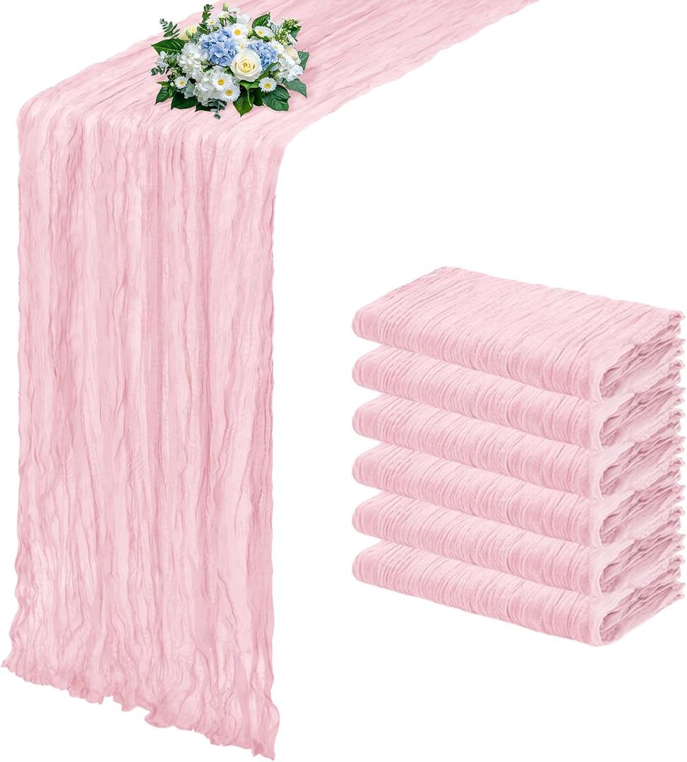 6 Pack Light Pink Cheesecloth Table Runner 17x108 Inch Semi Sheer Boho Gauze Cheese Cloth Fabric Table Runners, for Wedding Party Baby Shower Birthday Home Decor Garden Farmhouse