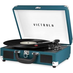 Victrola Journey Bluetooth Portable Suitcase Record Player  with Built-in Speakers, 3 Speed Vinyl Record Player, RCA Out, Headphone Jack (Blue Coral)