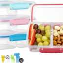 4 Pack Plastic Snack Containers with Lids, 2 Compartment Food Container for Kids Snack Box, Travel Bento Lunch Containers with forks for Fruits/Candies, Divided Food Storage Containers for School (Pink)