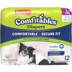 Hartz Comfitables Disposable Dog Diapers, Size Large 12 Count, Comfortable & Secure Fit, Easy to Put On, Super Absorbent Male and Female Diaper