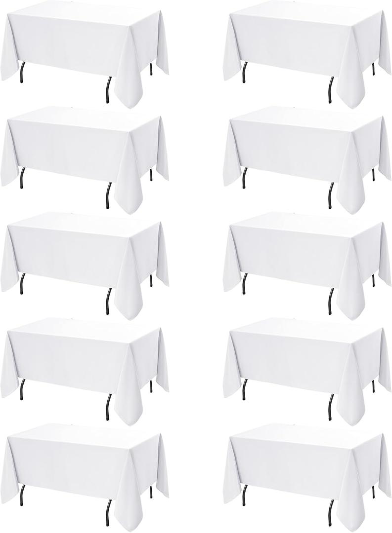 10-Pack White Tablecloths for Rectangle Tables, 60 x 120 Inches, Stain-Resistant Polyester Fabric for 6 Foot Tables - Washable Table Covers for Weddings, Banquets, Birthday, Parties, Events