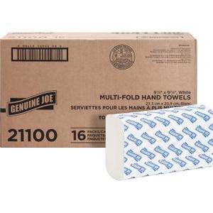 Genuine Joe Multifold Hand Towels, 9.5" x 9.10", 1-Ply, White, 250/Pack, 16 Count