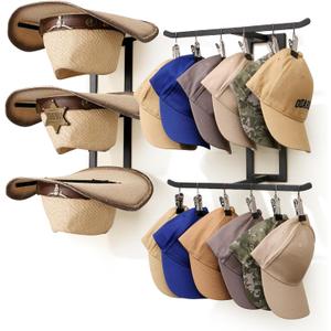 All-in-One Hat Organizer for Wall with 12 Clips for Wide Brim Hats, Caps, Large Capacity Hat Holder for Cowboy Hats, Baseball Caps, Bucket Sun Hats for Closet Bedroom Matte Black