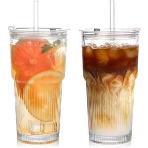 AUFXKOO 20oz Glass Tumblers with Lids and Straws,2PCS Glass Cups with Lids and Straws,Iced Coffee Cups with Lid, Ideal for Juice, Smoothies,Whiskey Cocktail Beer