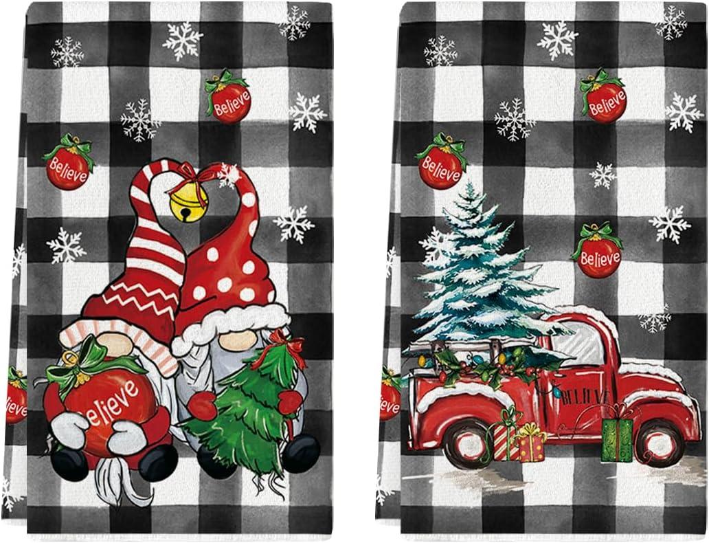 Artoid Mode Gnome Truck Christmas Kitchen Towels Dish Towels, 18x26 Inch Holiday Believe Xmas Tree Winter Decoration Hand Towels Set of 2 (Black/Beige)